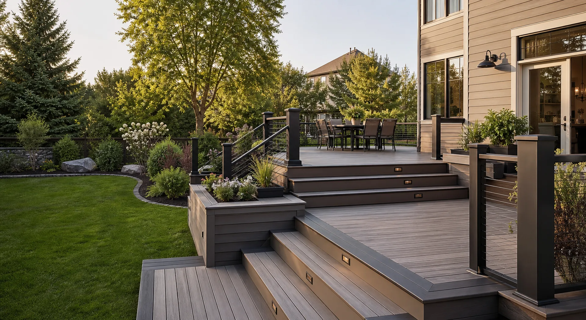 Modern composite backyard deck attached to a renovated home