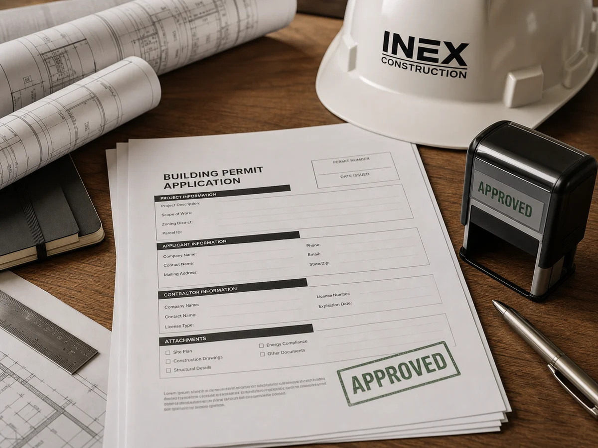 Permit paperwork, plans, hard hat, and approved stamp