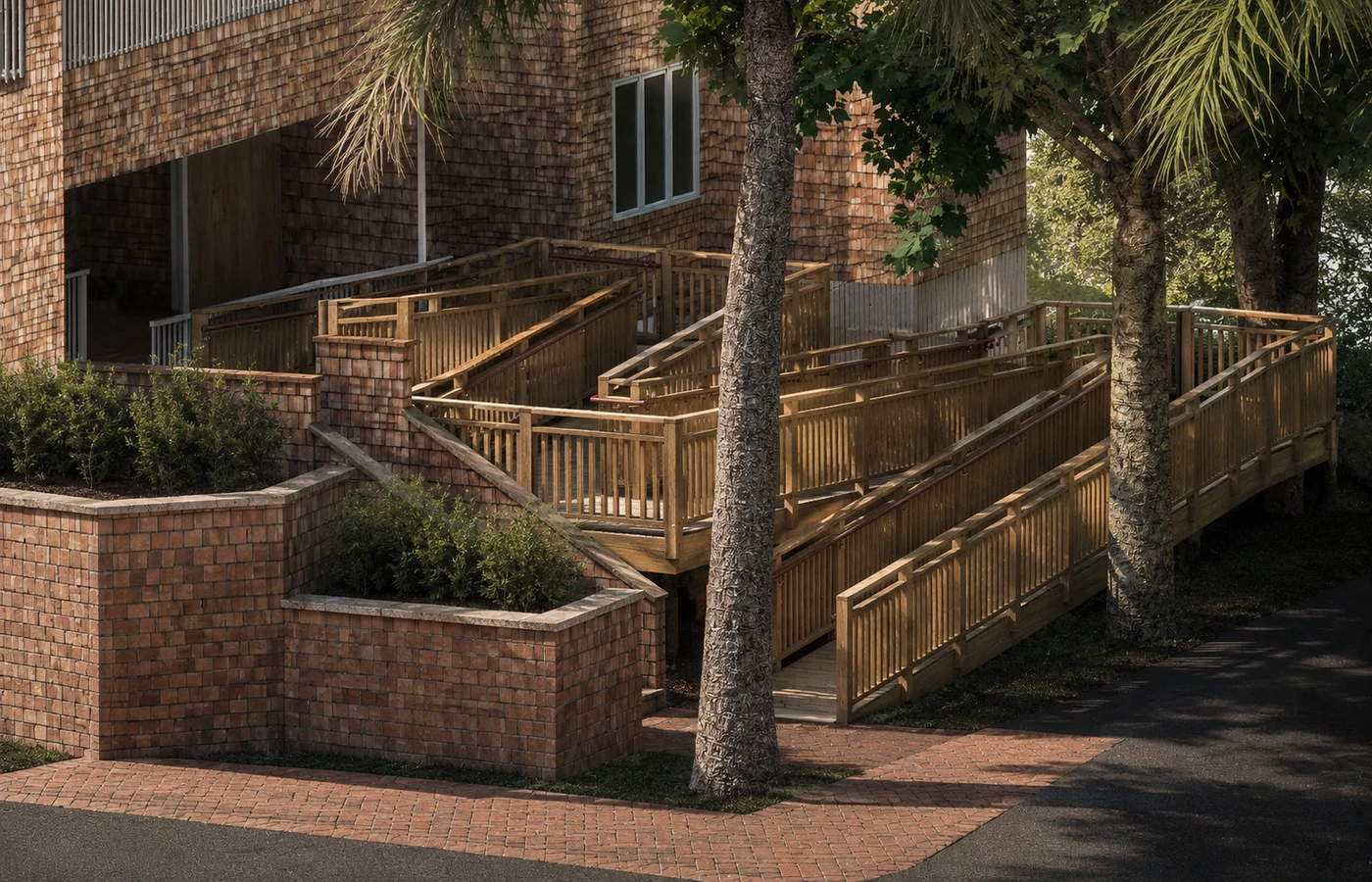Enhanced 3D perspective rendering of a ramp and exterior access project