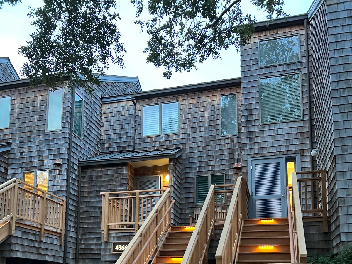 Completed exterior stair construction with lighting